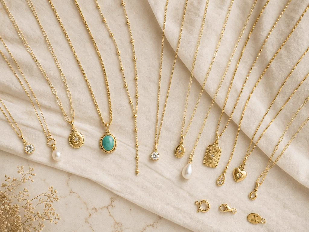 Overhead flat lay of gold-filled necklaces and loose pendants on cream marble