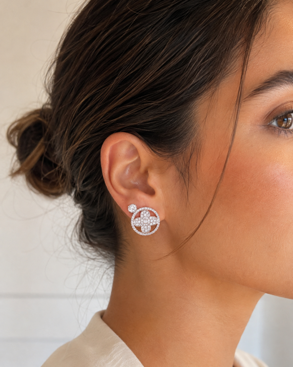 Silver Clover Crystal Stud Earrings
