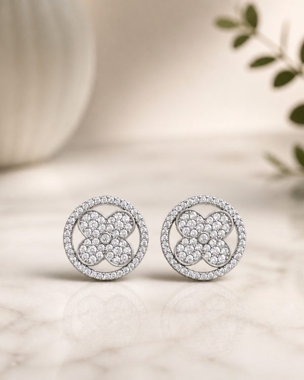 Silver Clover Crystal Stud Earrings