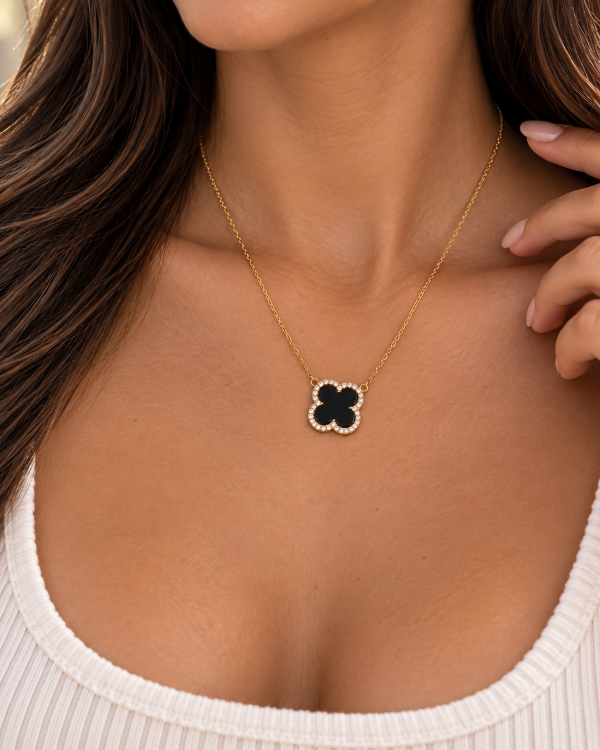 Onyx Clover Pave Pendant Necklace
