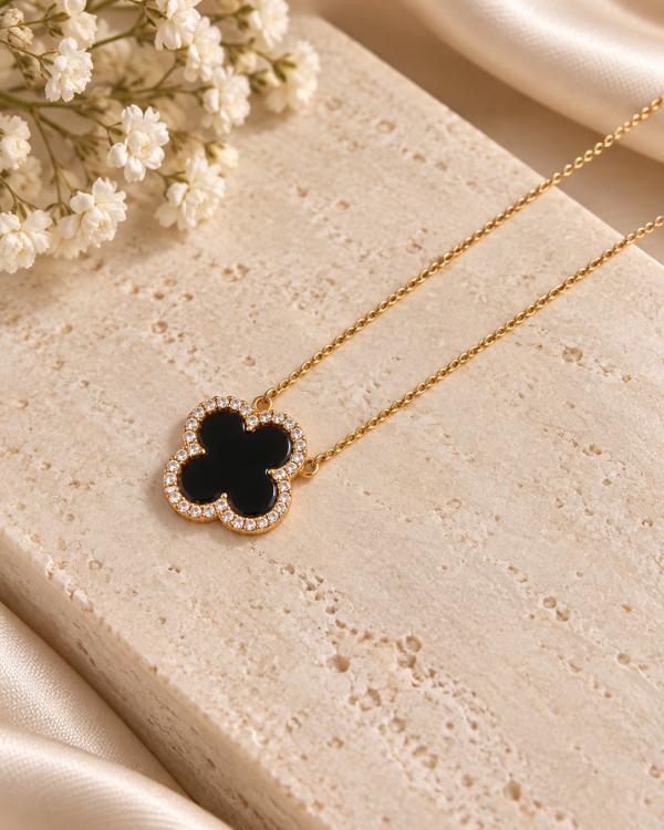 Onyx Clover Pave Pendant Necklace