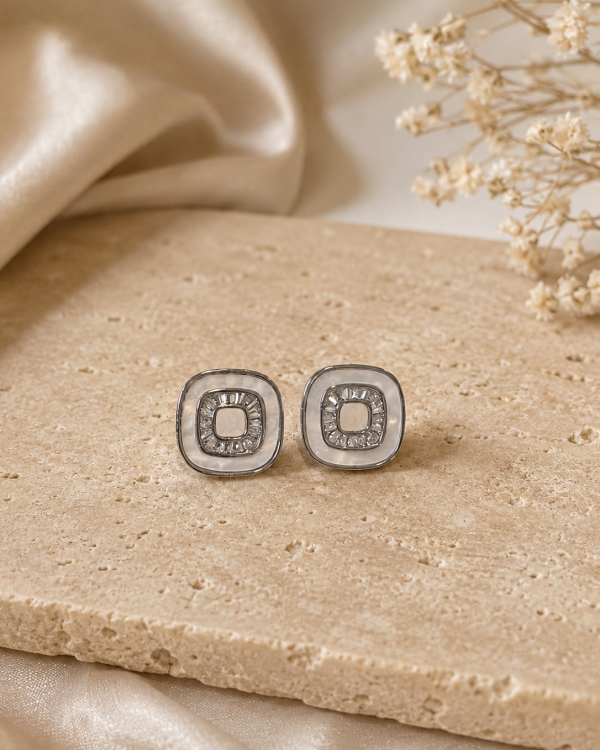 Silver Crystal Square Stud Earrings