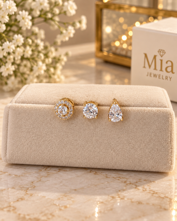 Trio Crystal Stud Earrings – Gold Tone