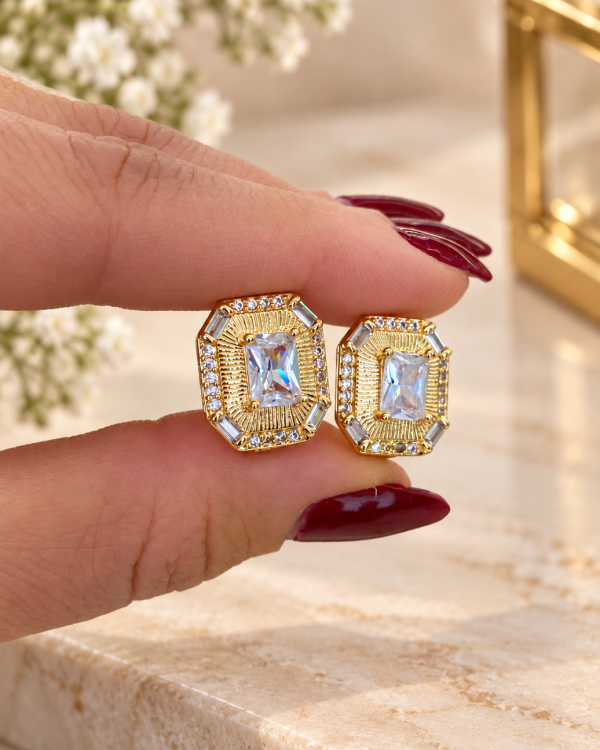 Luxe Emerald-Cut Crystal Gold Click Earrings