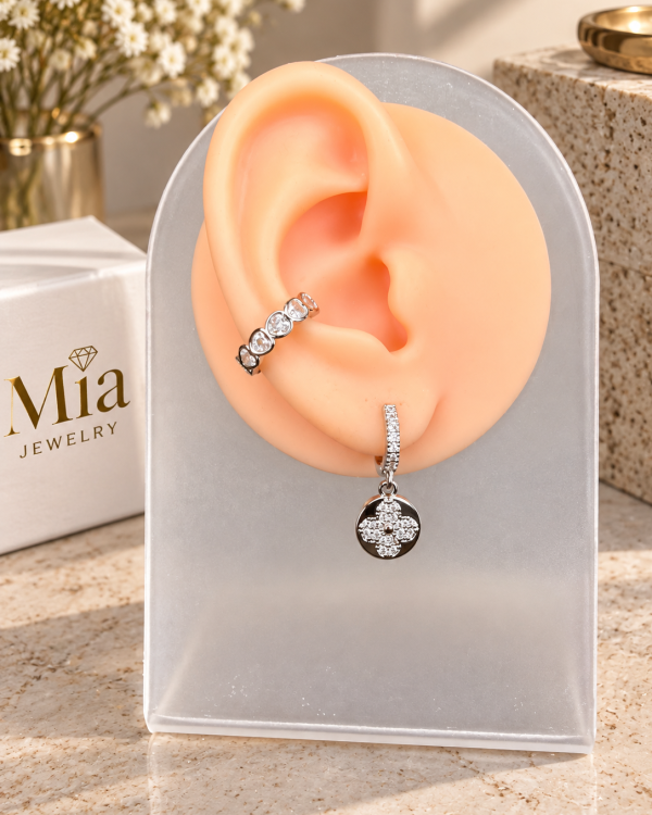 Celeste Silver Quatrefoil Pavé Huggie Earrings