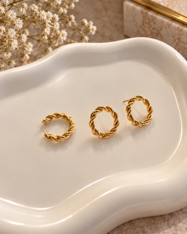 Twisted Rope Gold Hoop Earrings and Ear Cuff