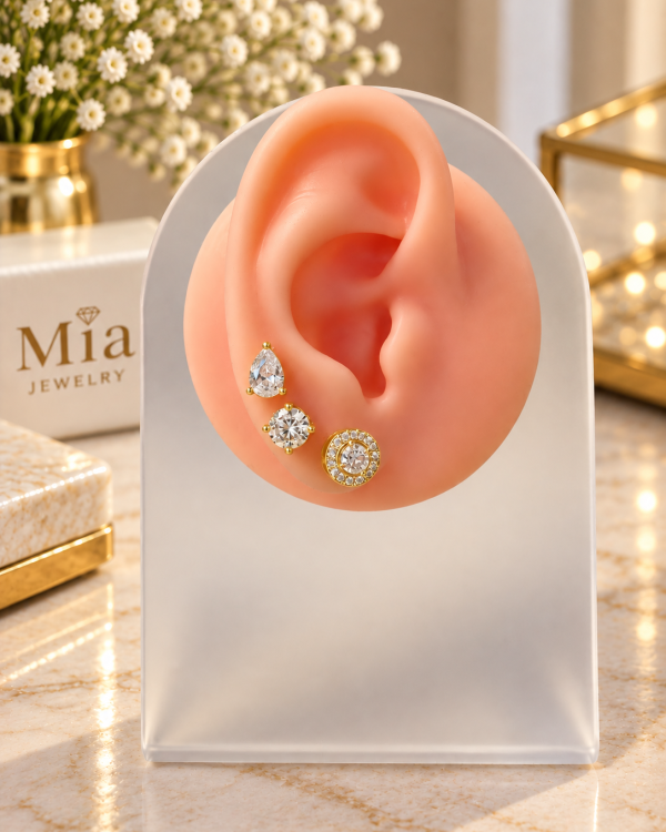 Trio Crystal Stud Earrings – Gold Tone