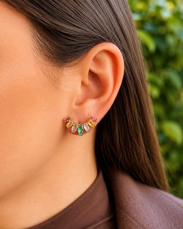 Rainbow Gemstone Curved Stud Earrings