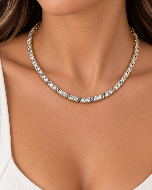 Mixed Metal X Crystal Tennis Necklace