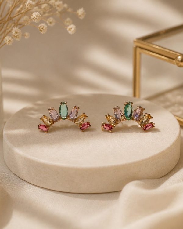 Rainbow Gemstone Curved Stud Earrings